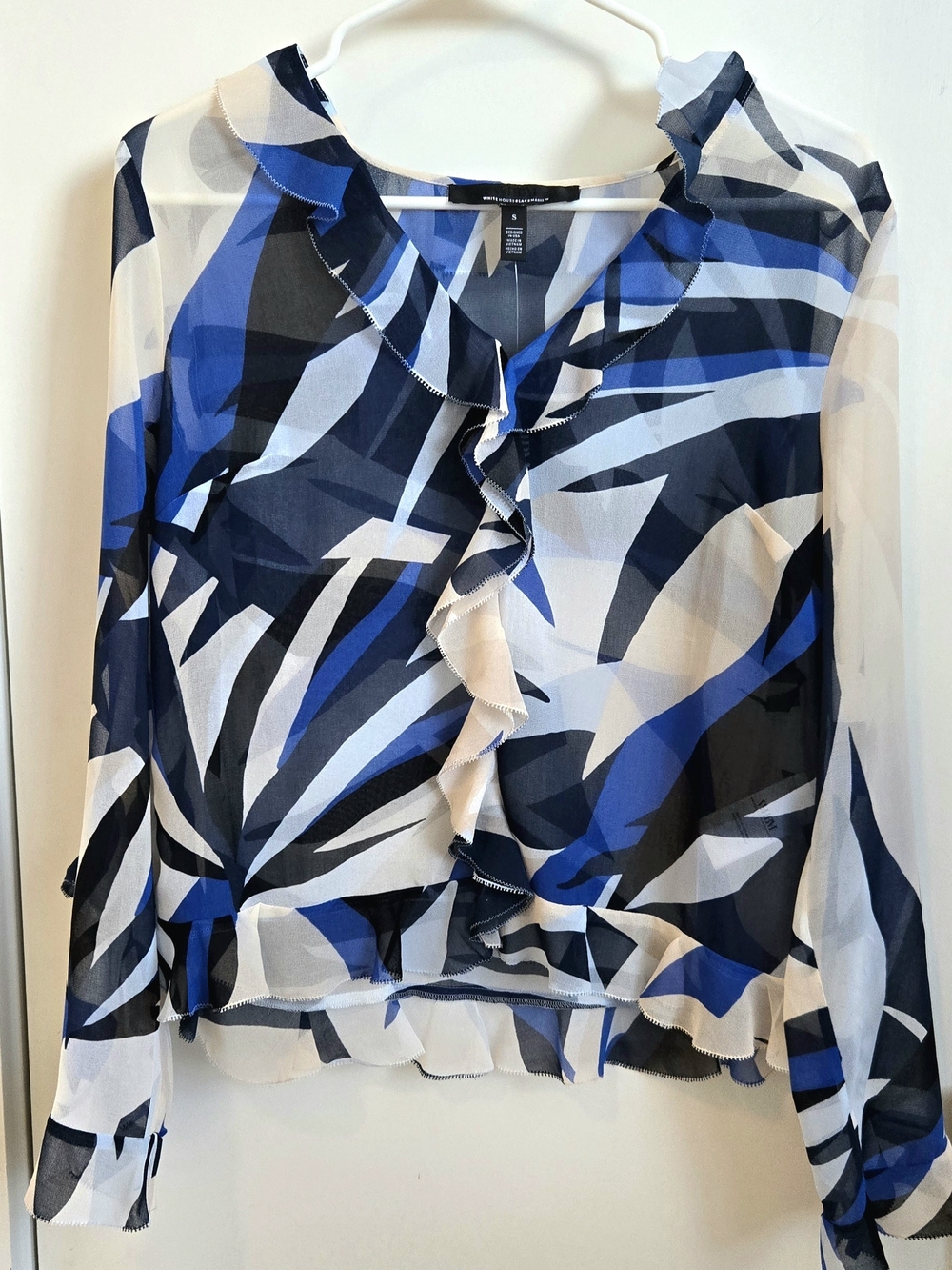 White House Black Market Blue and Black Ruffle Front Blouse